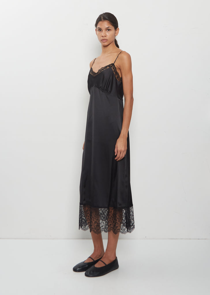 Lace Trim Satin Slip Dress — Black