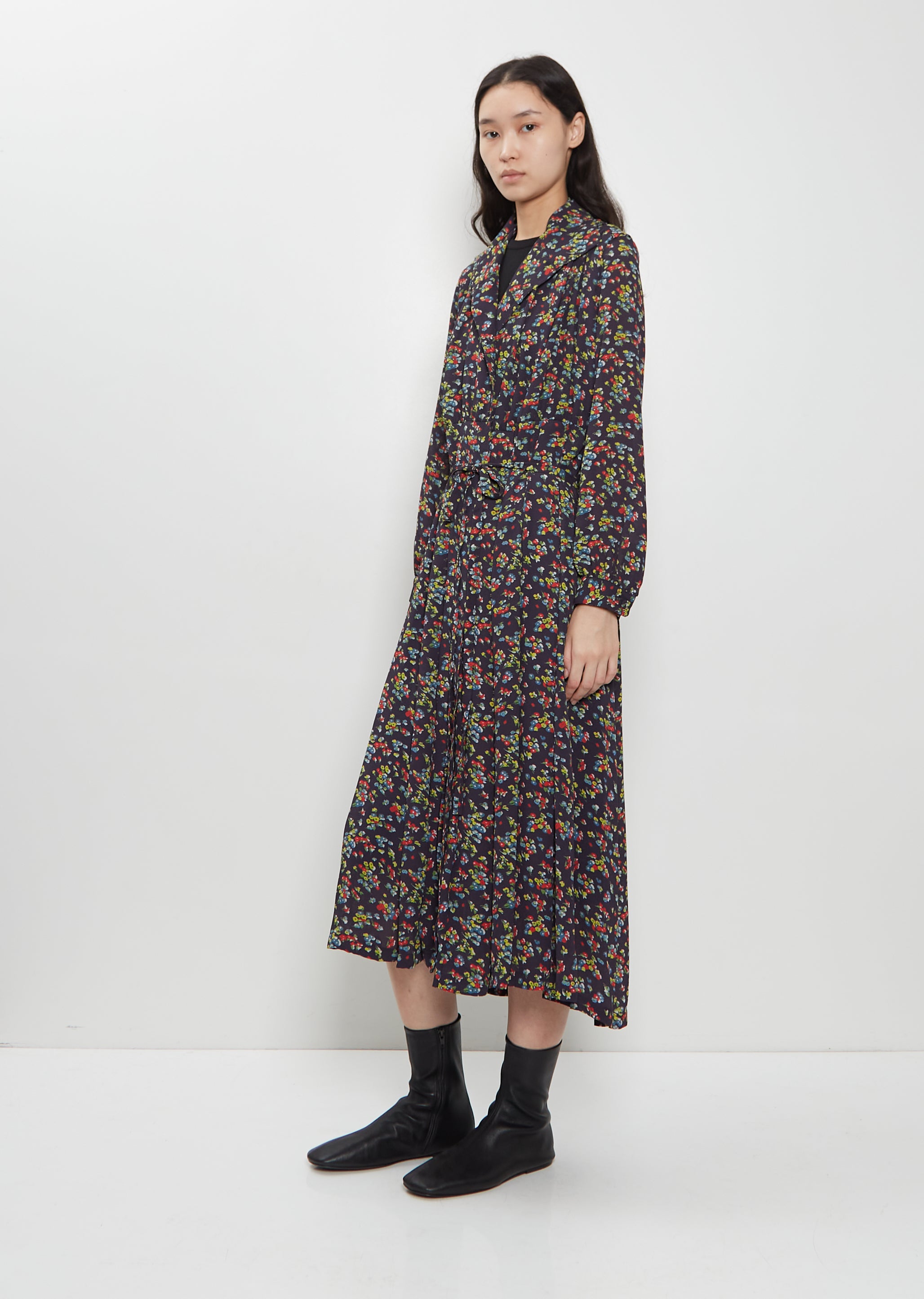 Junya Watanabe Georgette Flower Print Layered Wrap Dress Navy / Black Size: M Junya Watanabe Georgette Flower Print Layered Wrap Dress Navy / Black Size: M