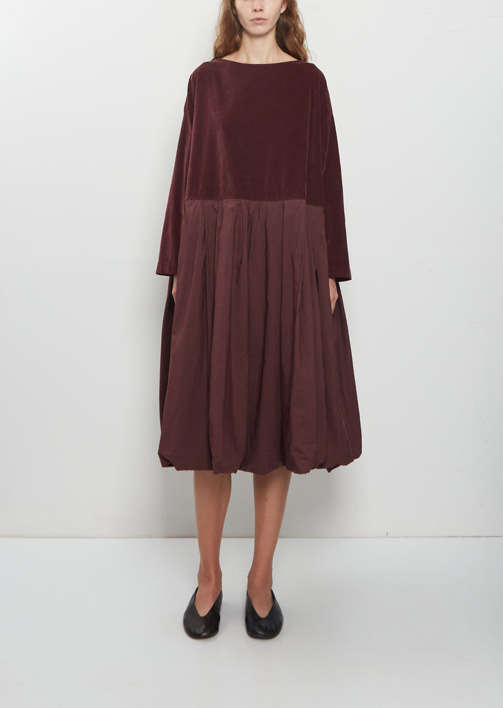 Velvet Tissue Cotton Pleated Dress — Wine