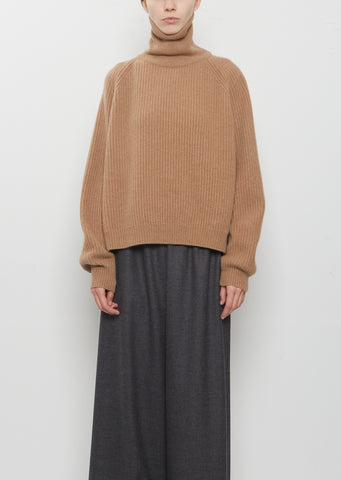 Cashmere Knit T-Neck Ribbed Raglan Sweater