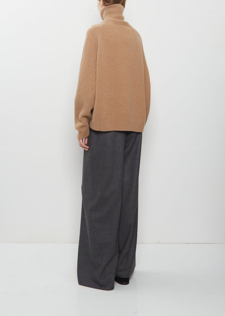 Cashmere Knit T-Neck Ribbed Raglan Sweater