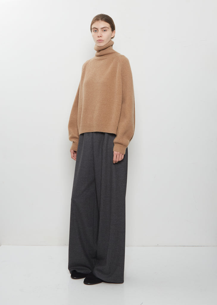 Cashmere Knit T-Neck Ribbed Raglan Sweater