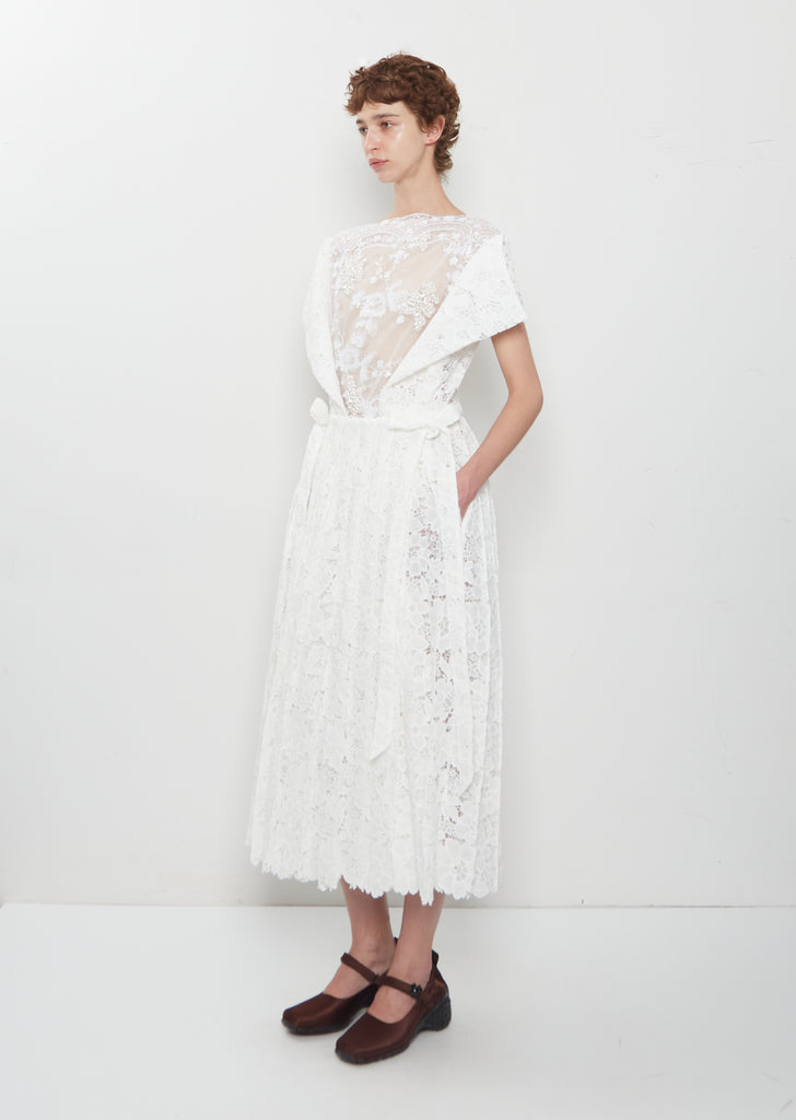 Pleated Sheer Panel Flare Dress w/ Embroidery