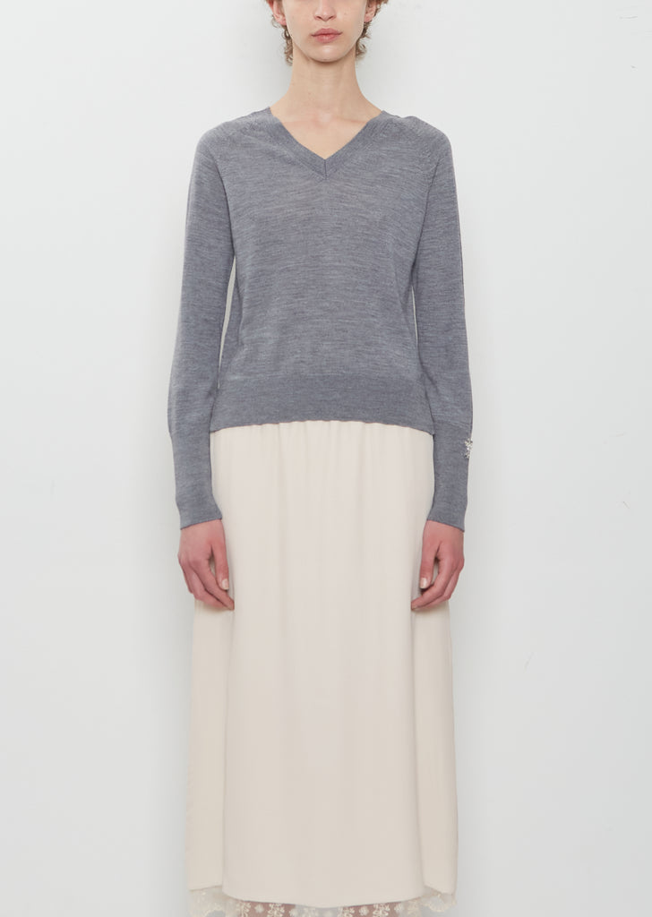 Merino Silk Double V-Neck Jumper w/ Embroidery