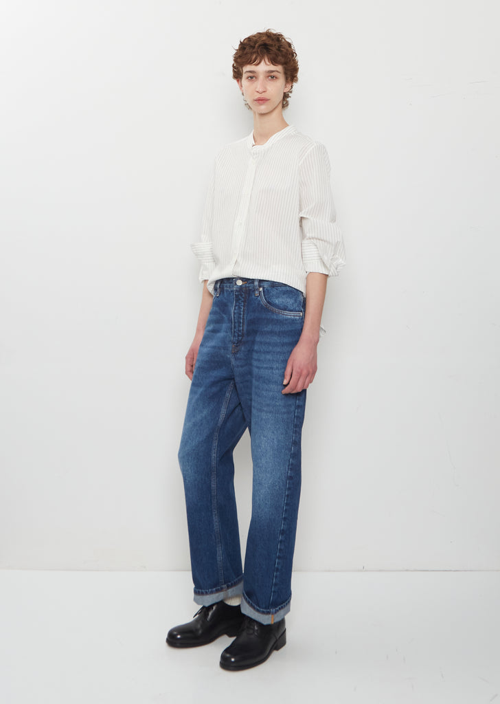 Fine Cotton Shadow Stripe Collarless Shirt