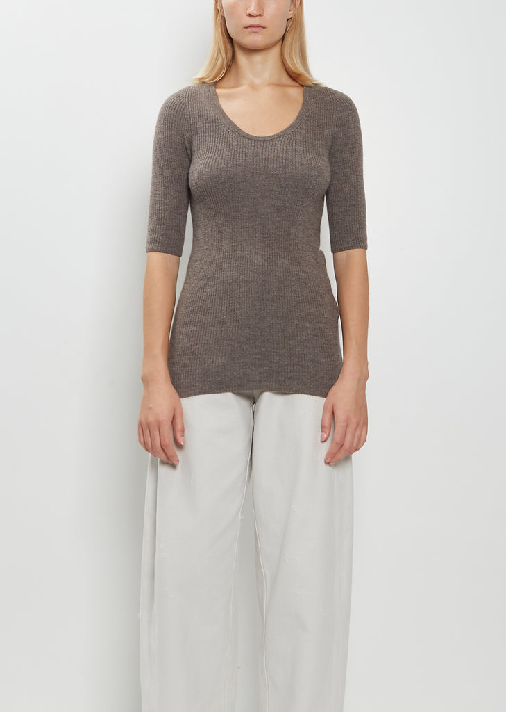 Stretch Wool Alpaca Rib Scoop-Neck Sweater