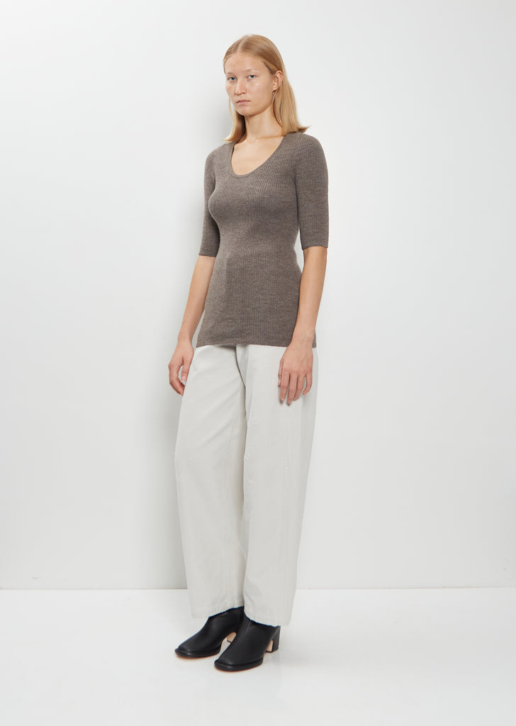 Stretch Wool Alpaca Rib Scoop-Neck Sweater