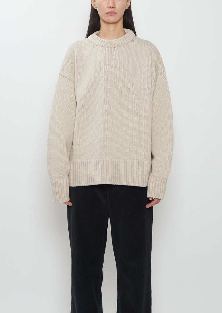 Front view of The Row Ophelia Wool Cashmere Top in sand beige with relaxed fit.