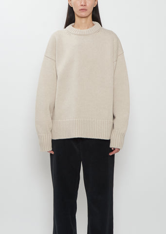 Front view of The Row Ophelia Wool Cashmere Top in sand beige with relaxed fit.