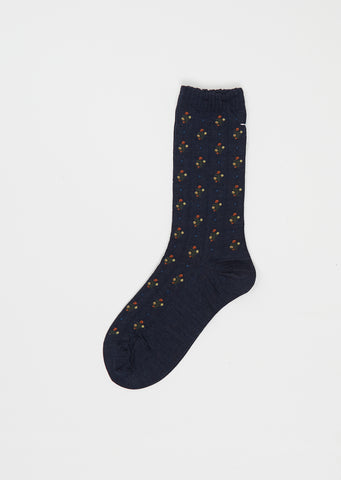 Flower Stripes Stretch Wool Socks — Navy