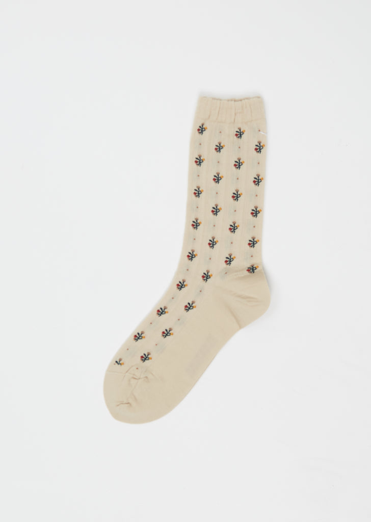 Flower Stripes Stretch Wool Socks — Beige