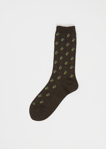 Flower Stripes Stretch Wool Socks — Brown