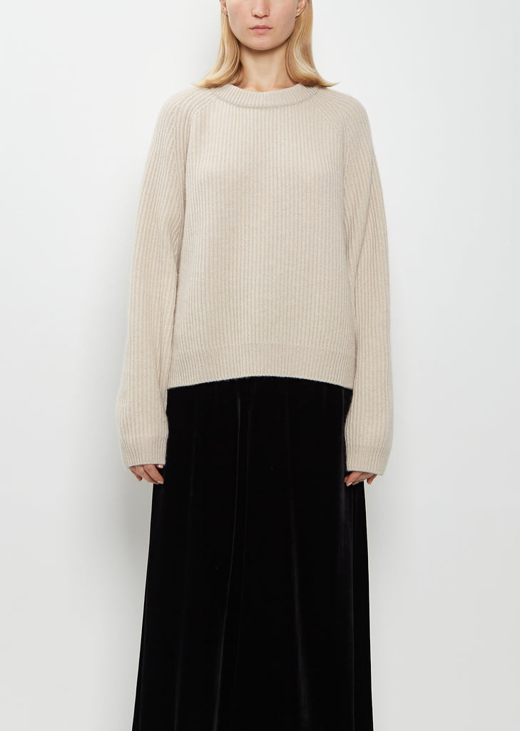 Crew Neck Ribbed Raglan Cashmere Sweater — Oatmeal