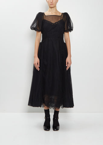 Bow Puff Sleeve Hip Detail Tulle Dress