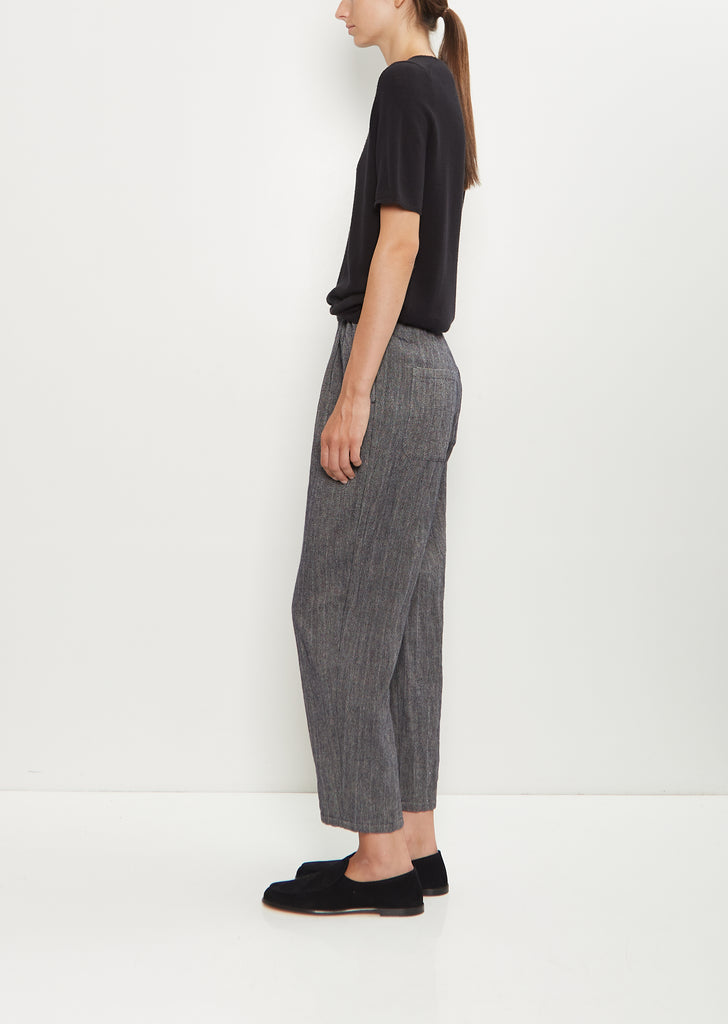 Linen Wool Pinstripe Pleated Tapered Pant — Ecru Blue