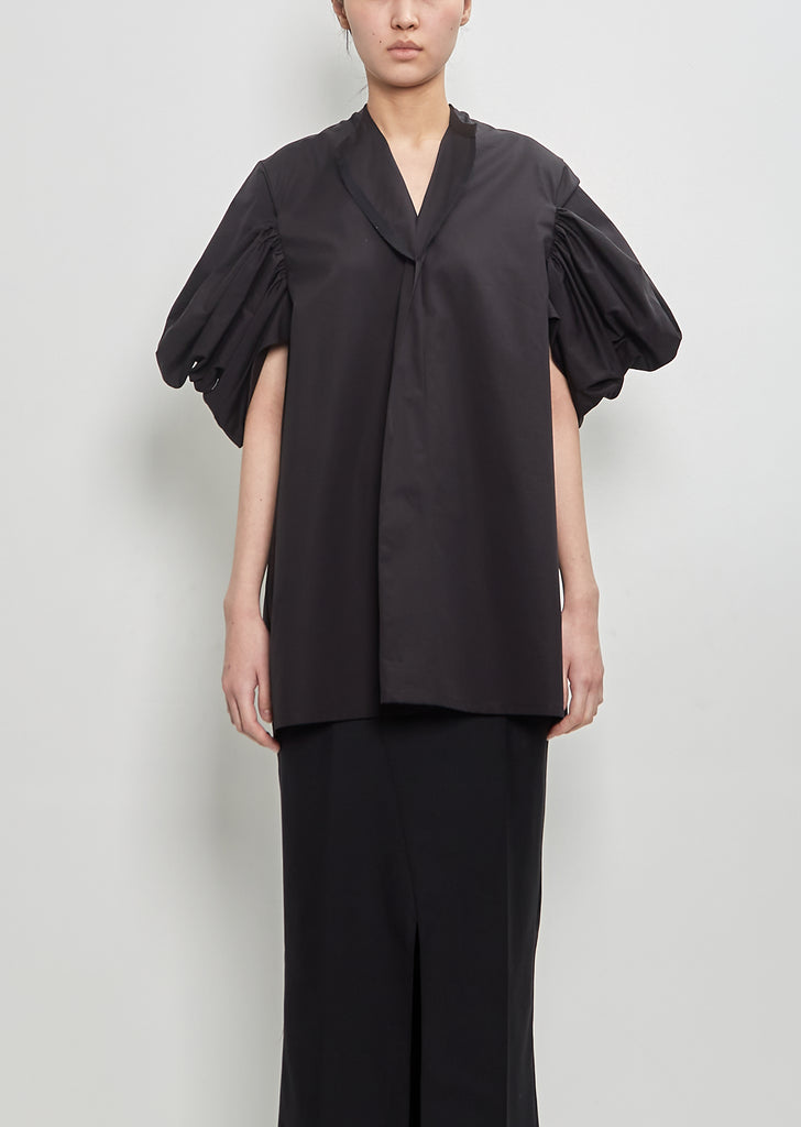 Cotton Rouched Sleeve Top — Black