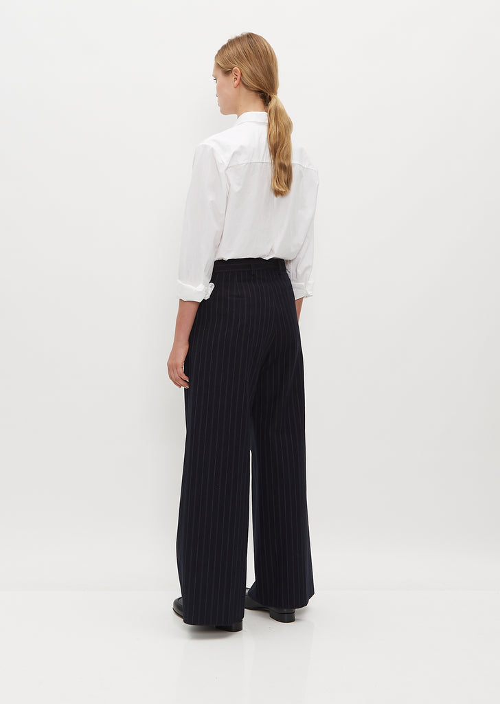 Wide Wool and Linen Farmer Pants — Navy Stripe