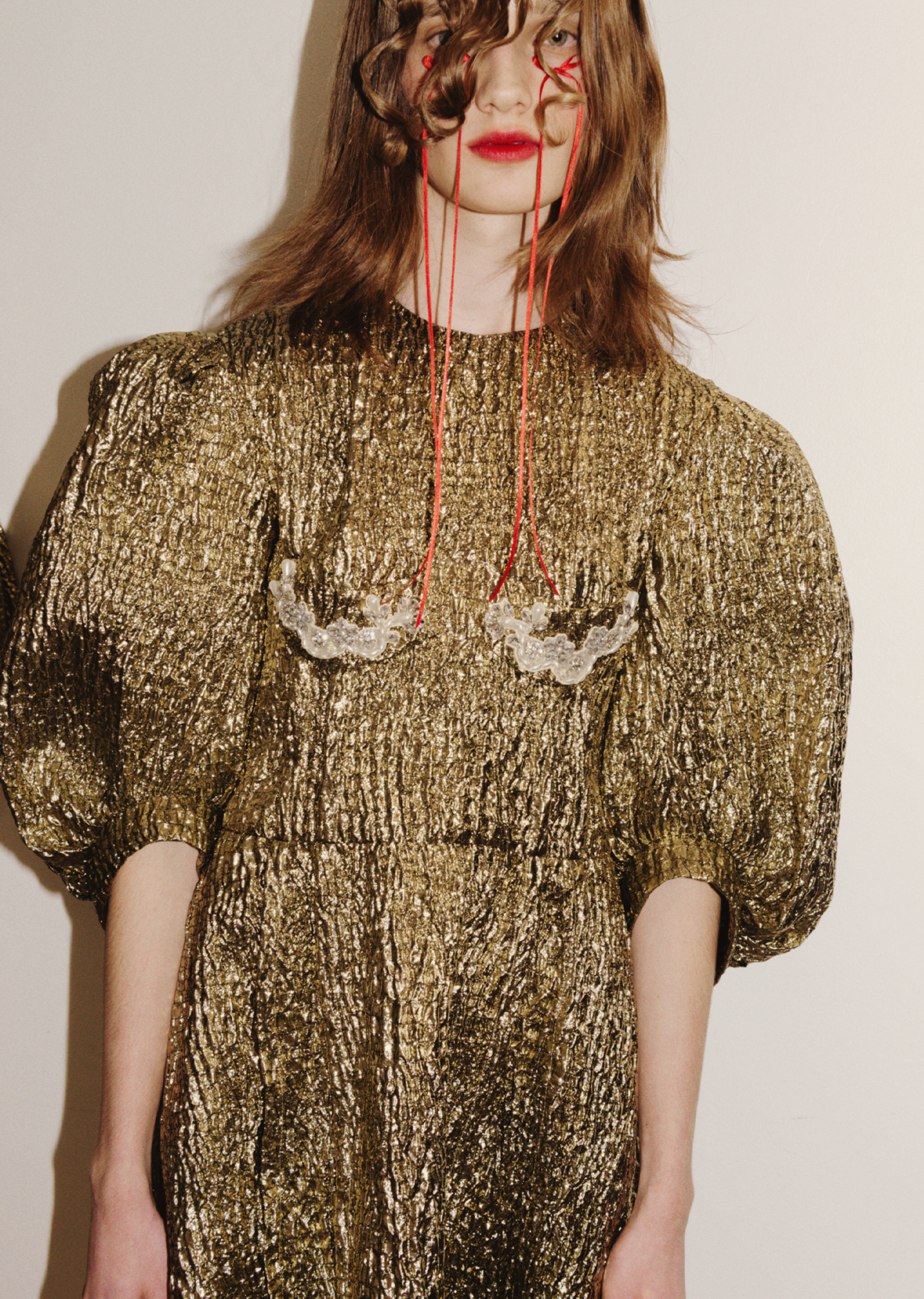 Puff Sleeve Fitted Dress — Gold/Pearl/Clear – La Garçonne Puff Sleeve Fitted Dress — Gold/Pearl/Clear – La Garçonne
