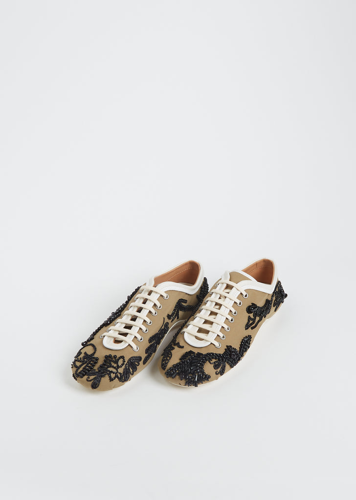 Embroidered Lace Up Trainer — Camel
