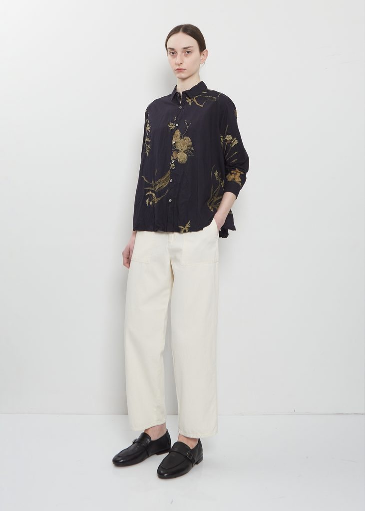 Japonism Flower Cotton Shirt — Navy