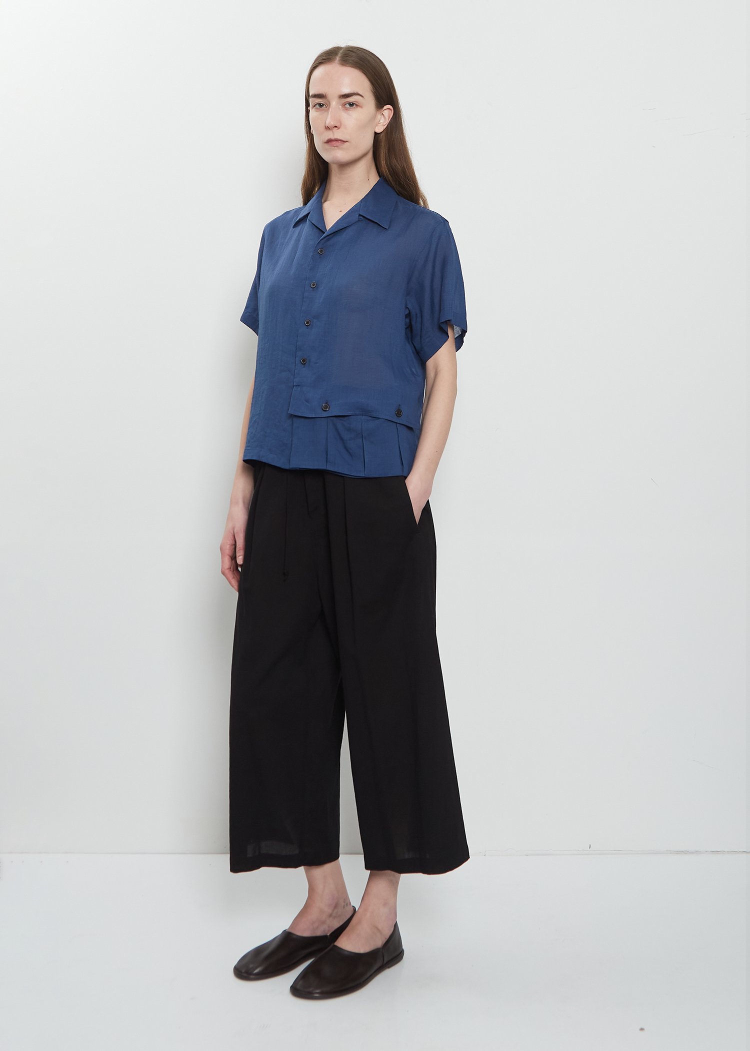 Open Collar Linen Shirt 1 / Navy 3