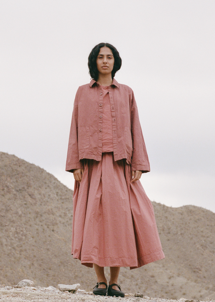 Tissue Cotton Pleated Long Skirt — Coral