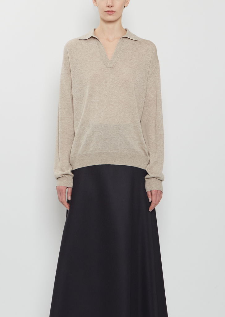 Cashmere Silk Knit Skipper Polo — Top Beige