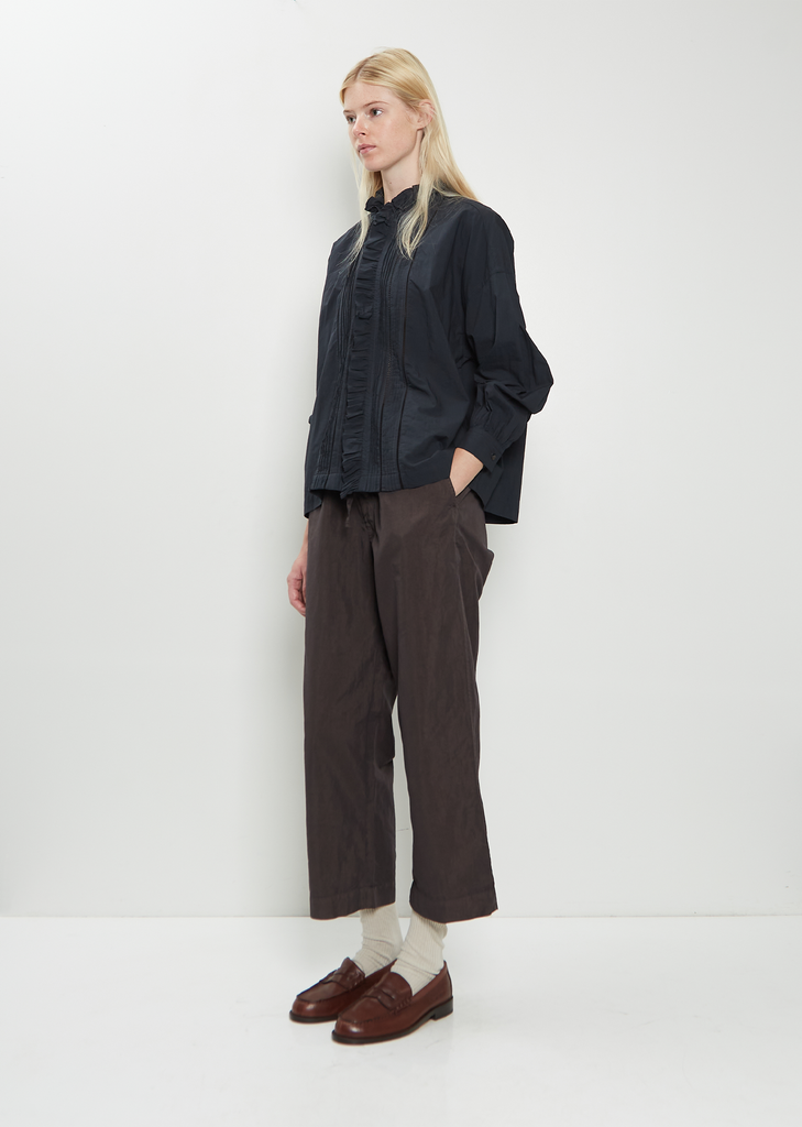 Cotton Ruffle Pintuck Shirt — Black Navy