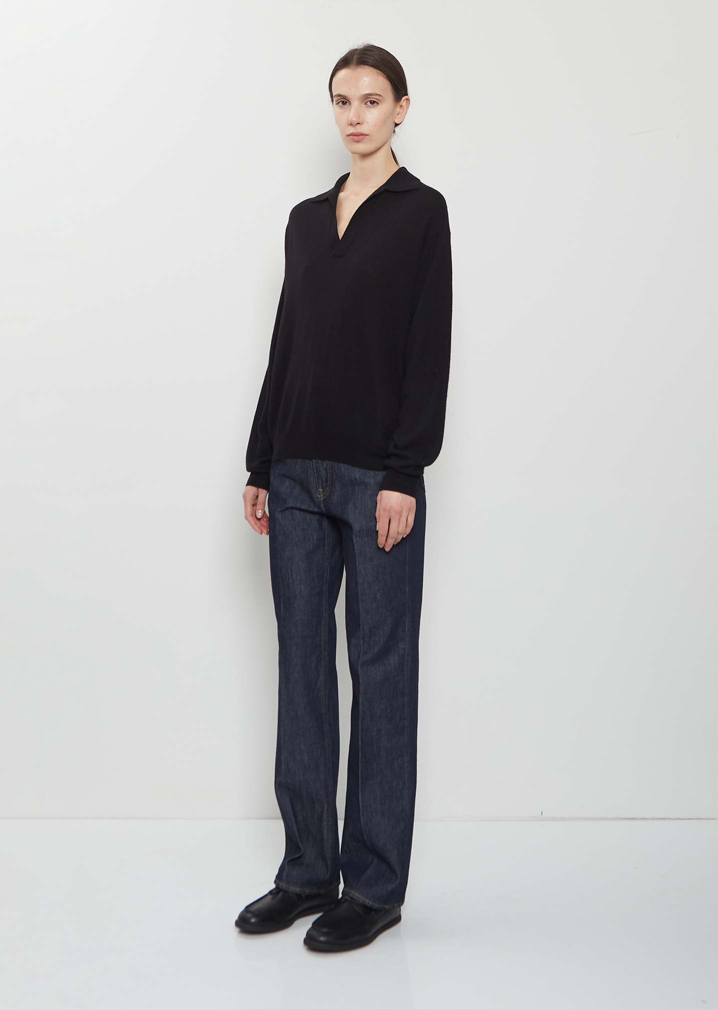 Cashmere Silk Knit Skipper Polo — Black – La Garçonne Cashmere Silk Knit Skipper Polo — Black – La Garçonne