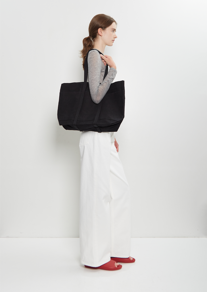 Washed Cotton 6 Pockets Tote, Medium — Black