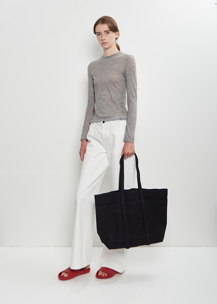 Washed Cotton 6 Pockets Tote, Medium — Black
