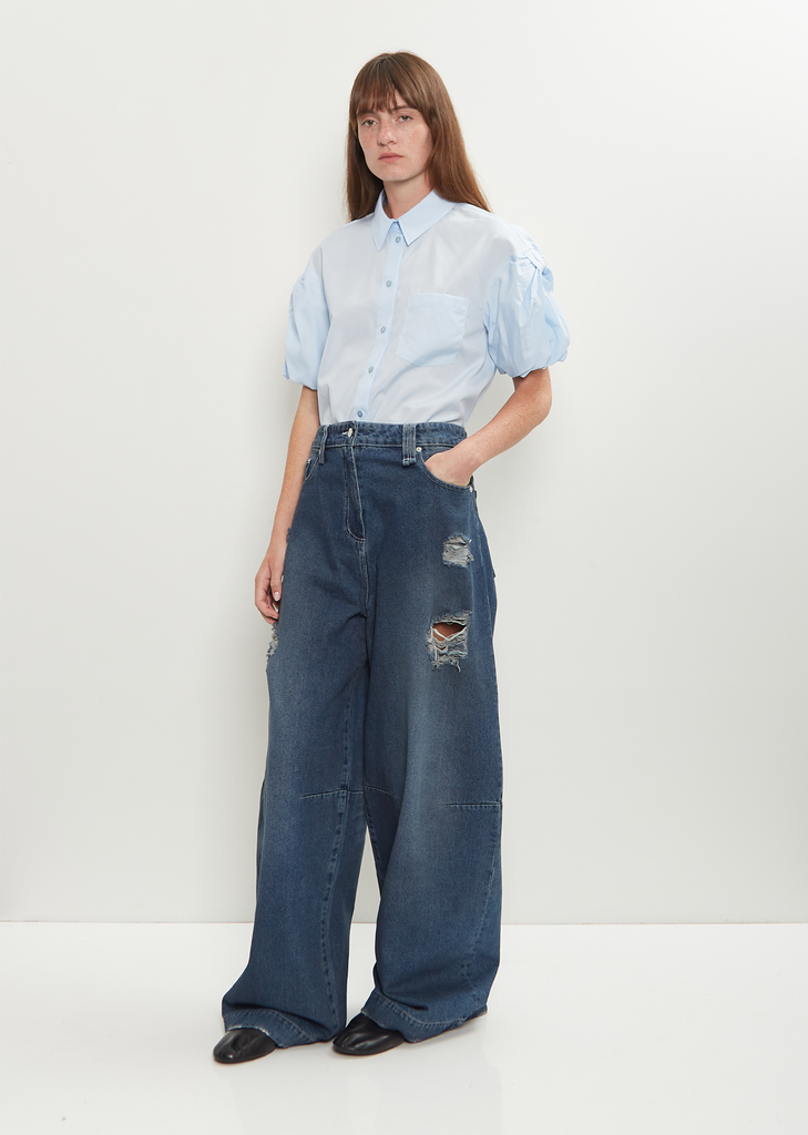 Distressed Wide Leg Puddle Jeans — Distressed Blue