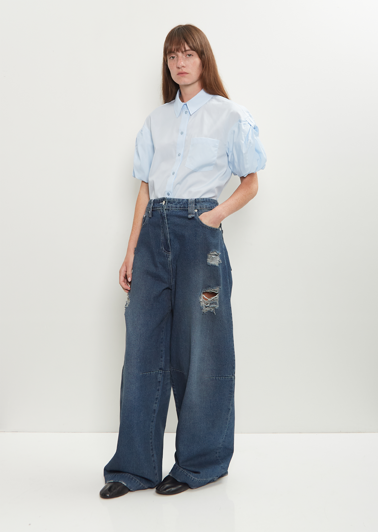 Distressed Wide Leg Puddle Jeans — Distressed Blue – La Garçonne Distressed Wide Leg Puddle Jeans — Distressed Blue – La Garçonne