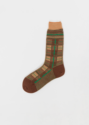 Tartan Check Stretch Wool Socks — Brown