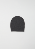Front view of The Row Quors cashmere hat in charcoal melange, featuring a classic beanie shape with a ribbed folded trim.