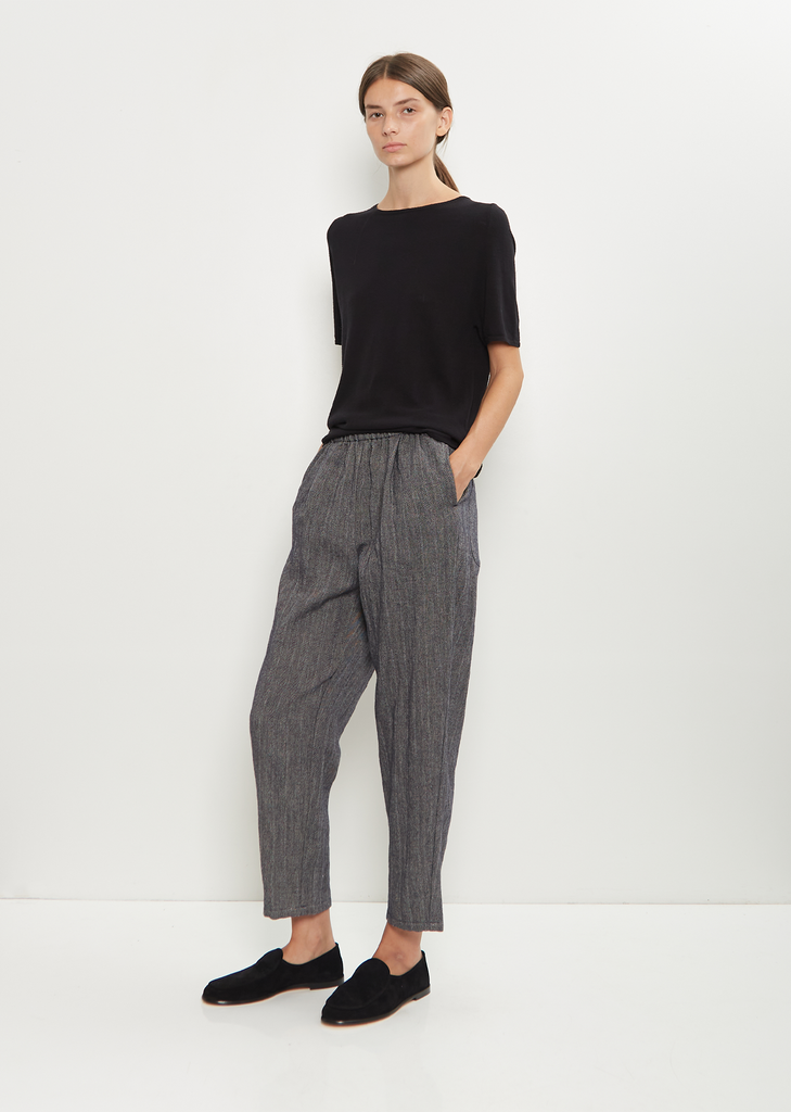 Linen Wool Pinstripe Pleated Tapered Pant — Ecru Blue