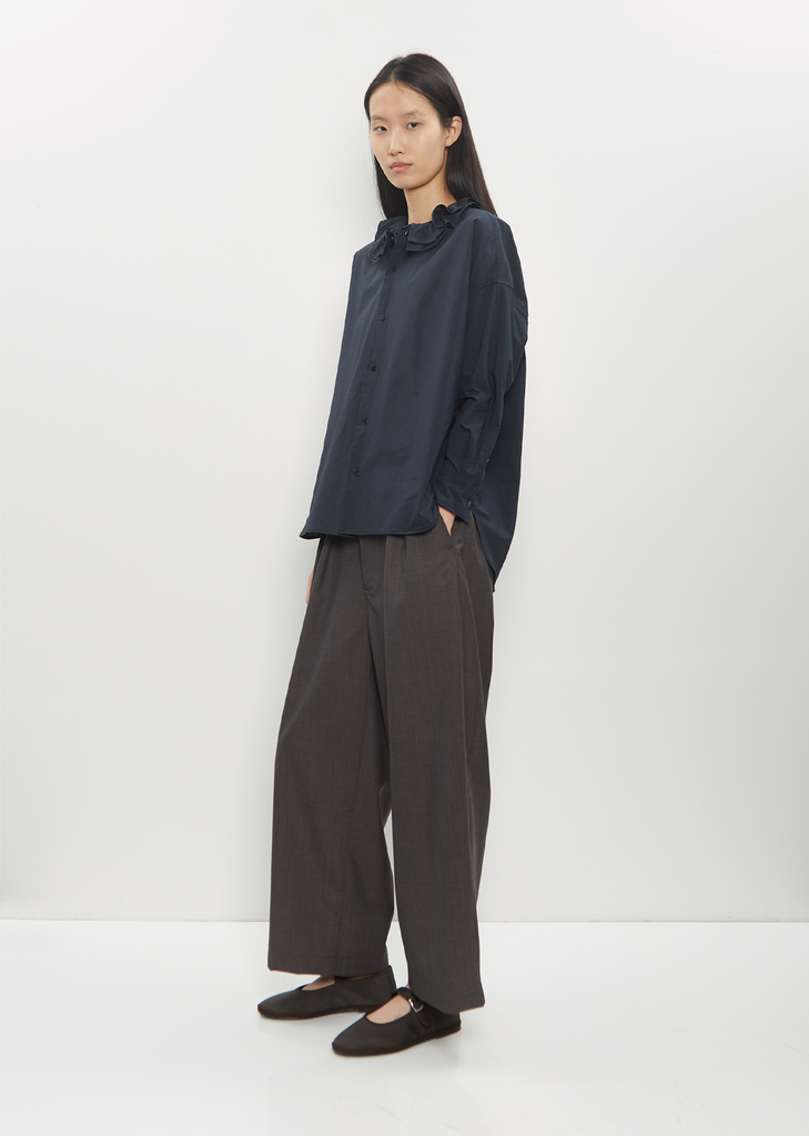 Cotton Ruffle Collar Baggy Shirt — Navy