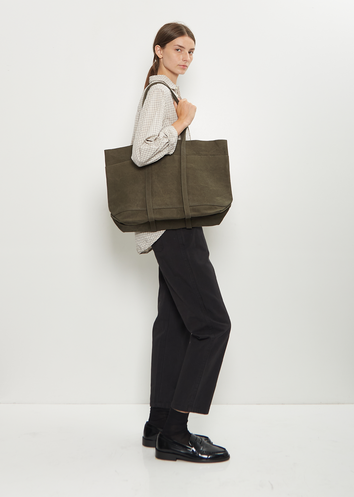 Washed Cotton 6 Pockets Tote, Medium — Olive