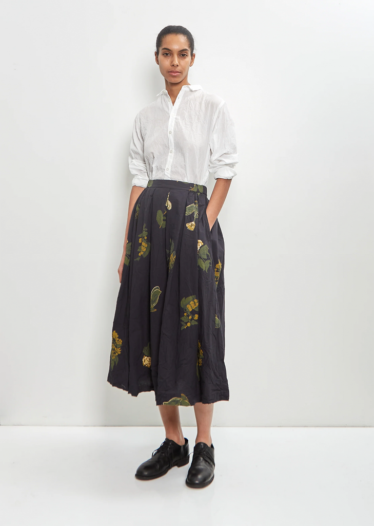 Cotton Summer Botanical Print Skirt — Black