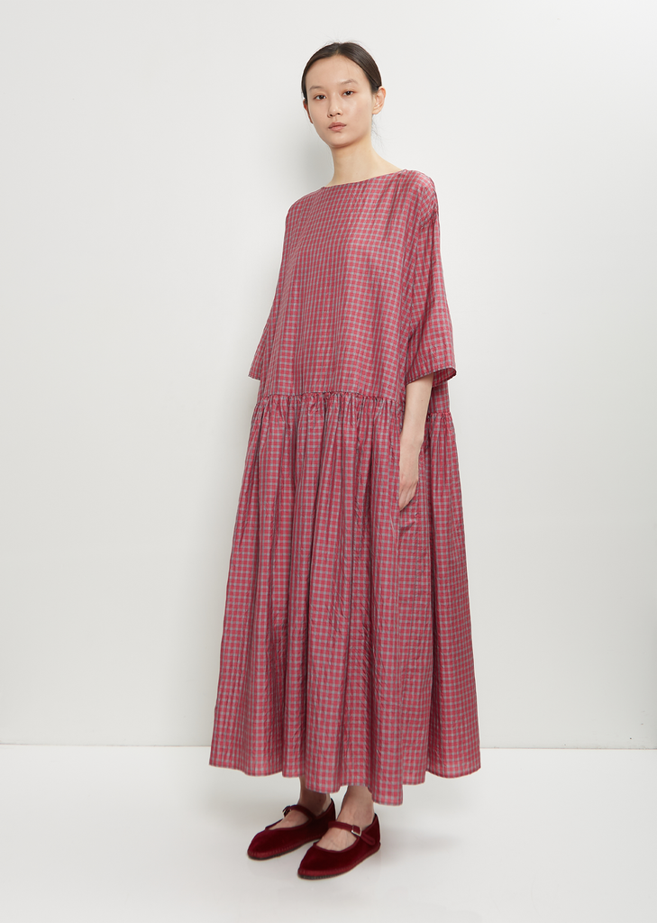 Silk Plaid Gathered Waist Dress