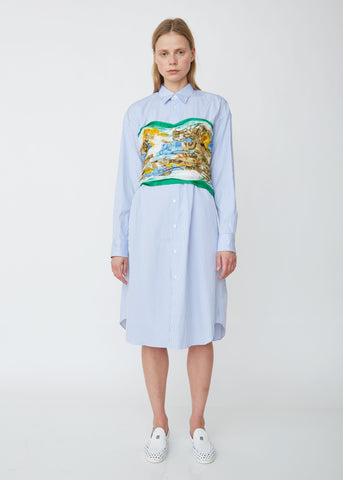 Cotton Stripe x Silk Habutai Flower Print Shirt Dress
