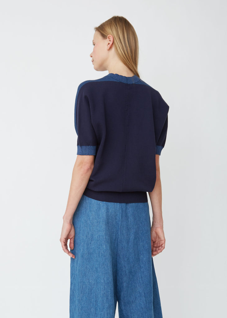 Two-Tone Cotton Jacquard Short Sleeve Sweater