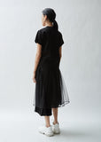 Cotton Ponte x Taffeta Pleated Short Sleeve Top