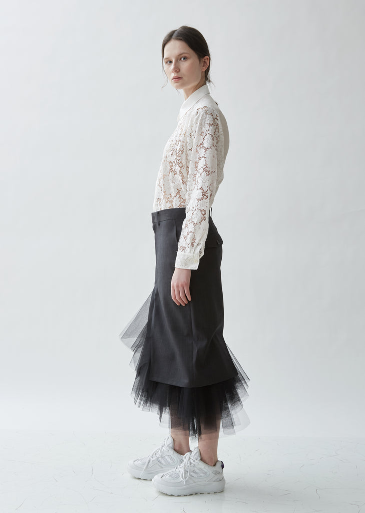 Wool Chambray Stripe x Nylon Tulle Skirt