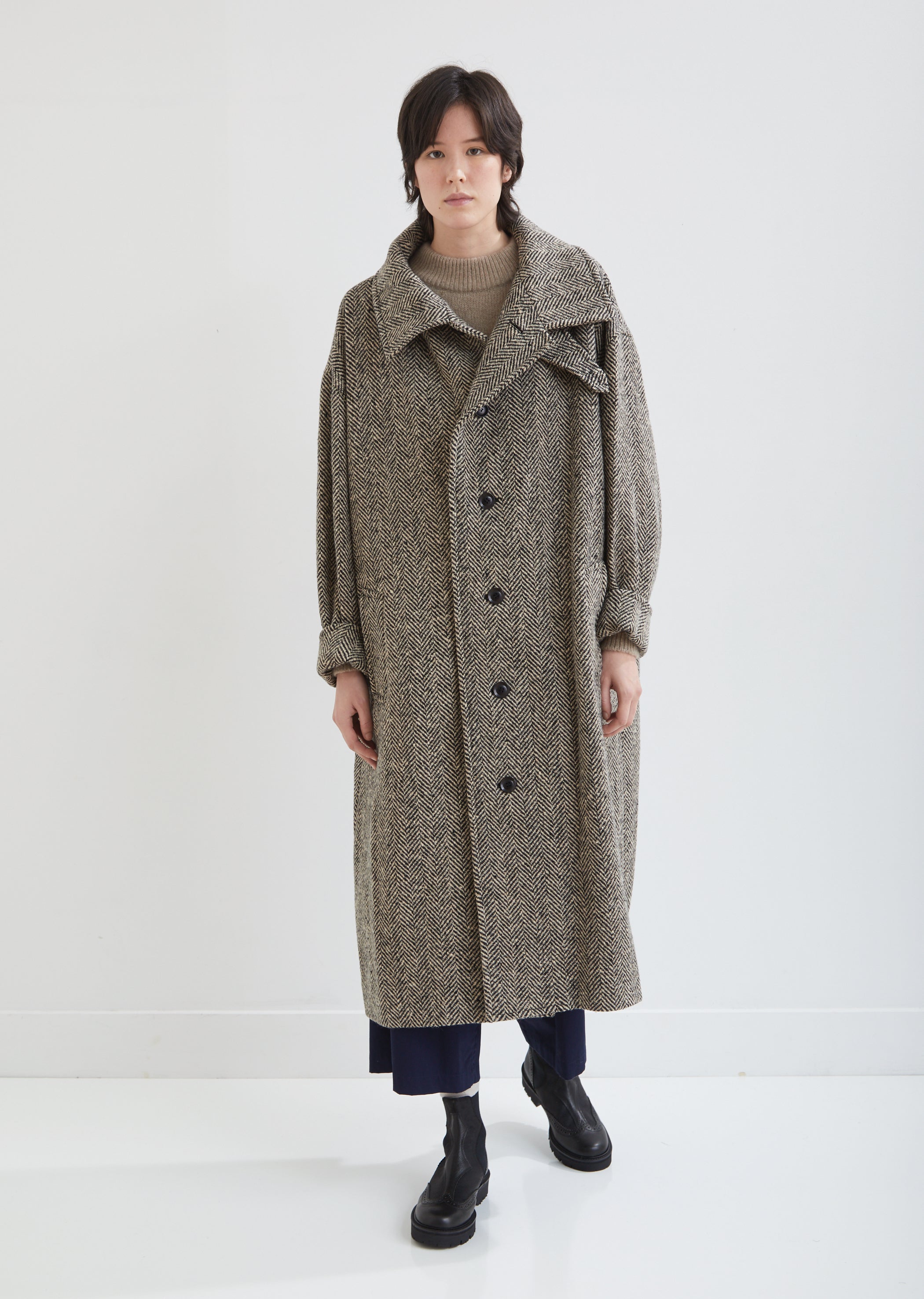 Convertible Collar Herringbone Coat by Y's- La Garçonne