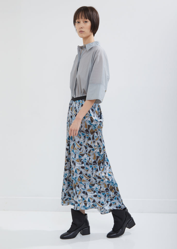 Satin Draped Skirt with Abstract Print