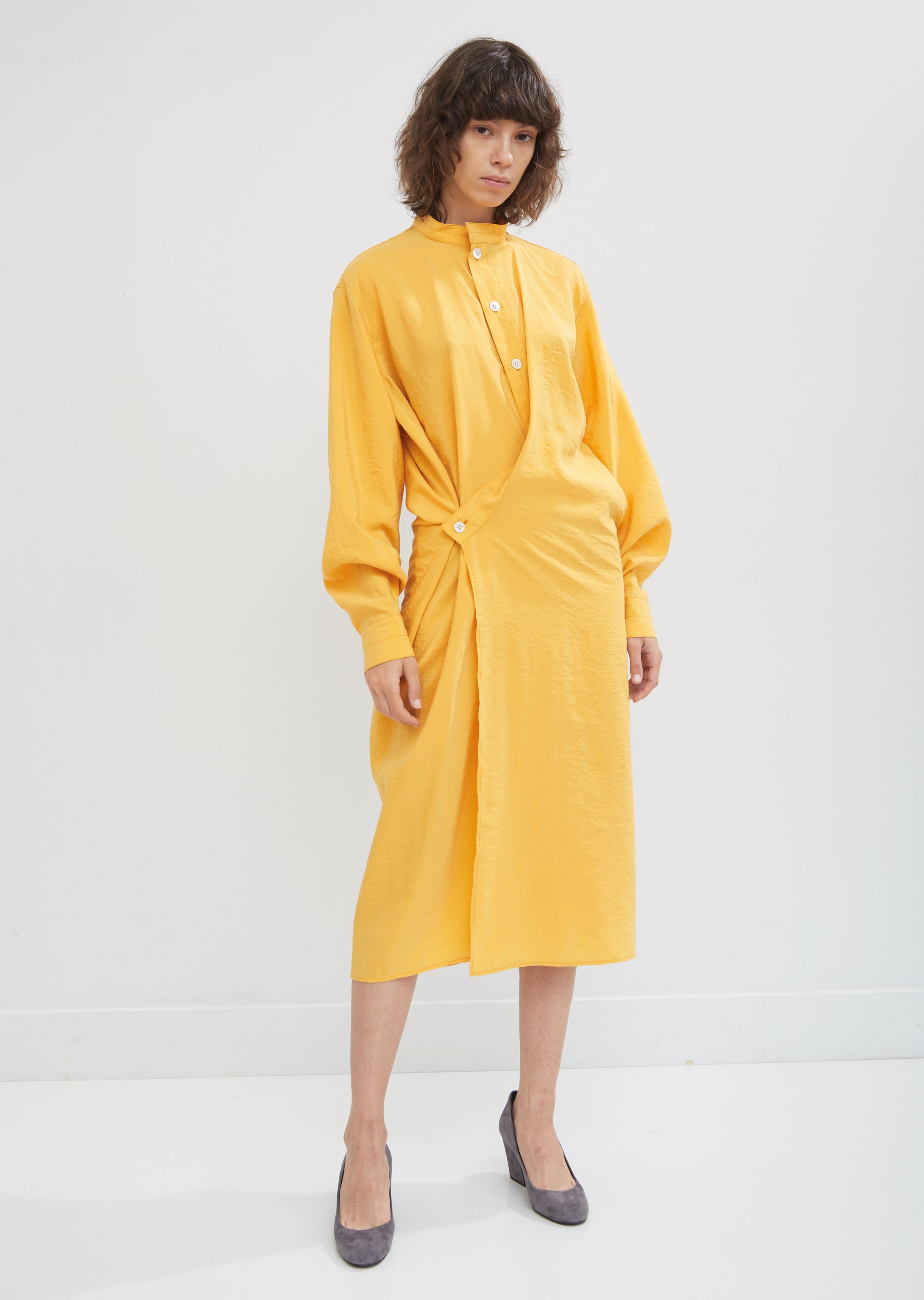 lemaire silk dress Lemaire Asphalt Short Sleeve Wrap Dress in Washed Cotton Silk