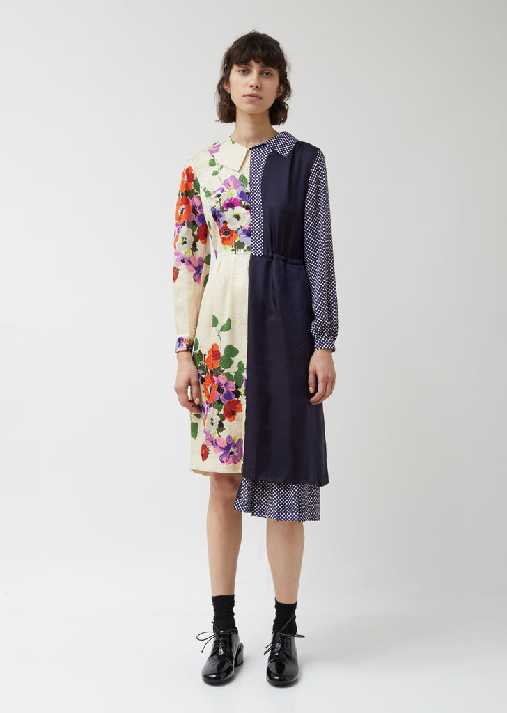 Silk Jacquard Flower Pattern x Georgette Dots Dress