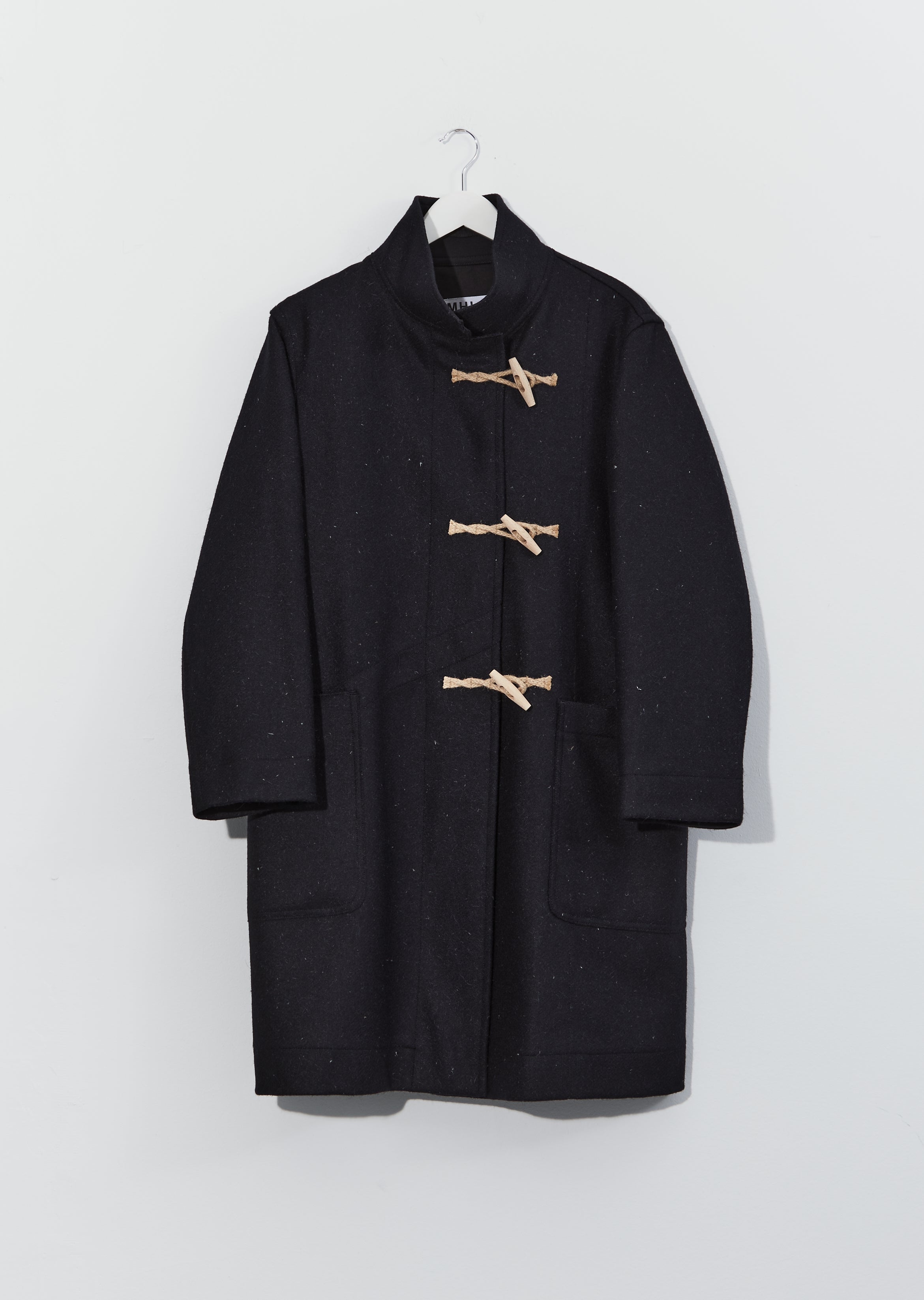 MHL. MARGARET HOWELL Round Collar Wool Nylon Long Coat Black