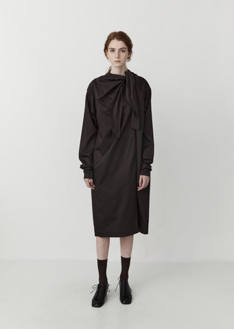 Cotton Satin Asymmetrical Dress with Tie — Midnight Brown